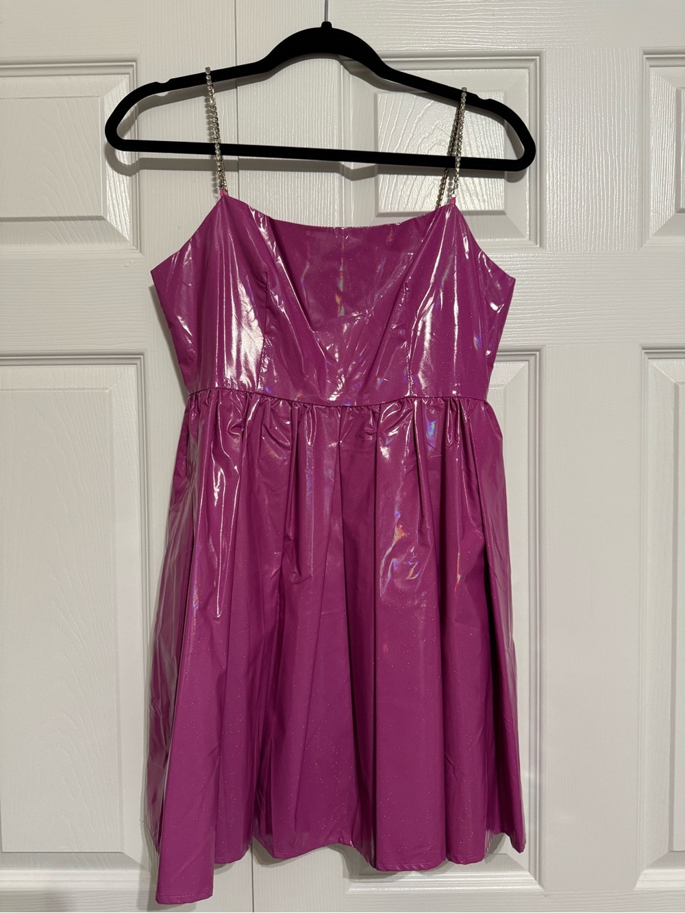 QUEEN OF SPARKLES Shiny Hot Pink Mini Dress with Rhinestone Straps